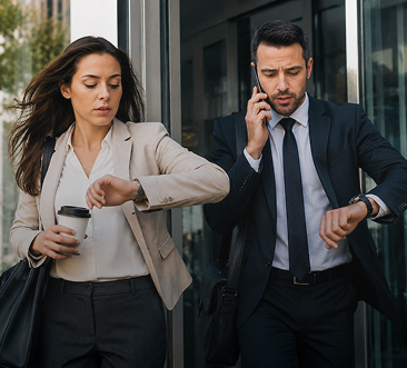 Urban professionals rushing out the door, juggling keys and deadlines.