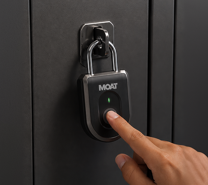 MOAT fingerprint padlock being used on a gym locker